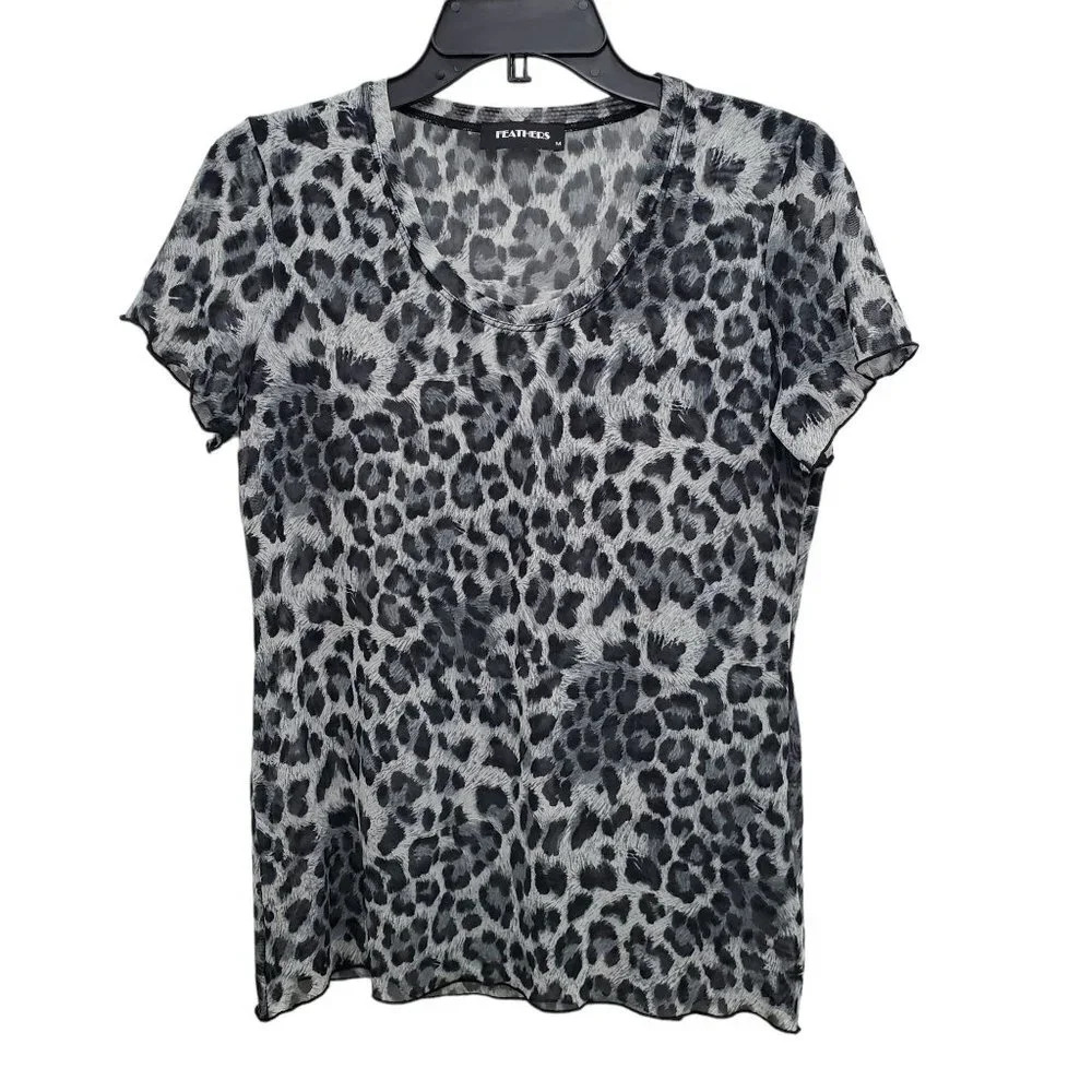 Feathers Women's Gray Black Sheer Mesh Leopard Print S/S Top Australia‎ Size M